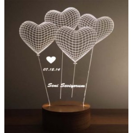 3D Gece Lambası Kalpler